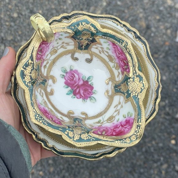 Antique Porcelain Hand Painted Gilt Mayonnaise Sauce Dish w Underplate Victorian - Picture 16 of 16